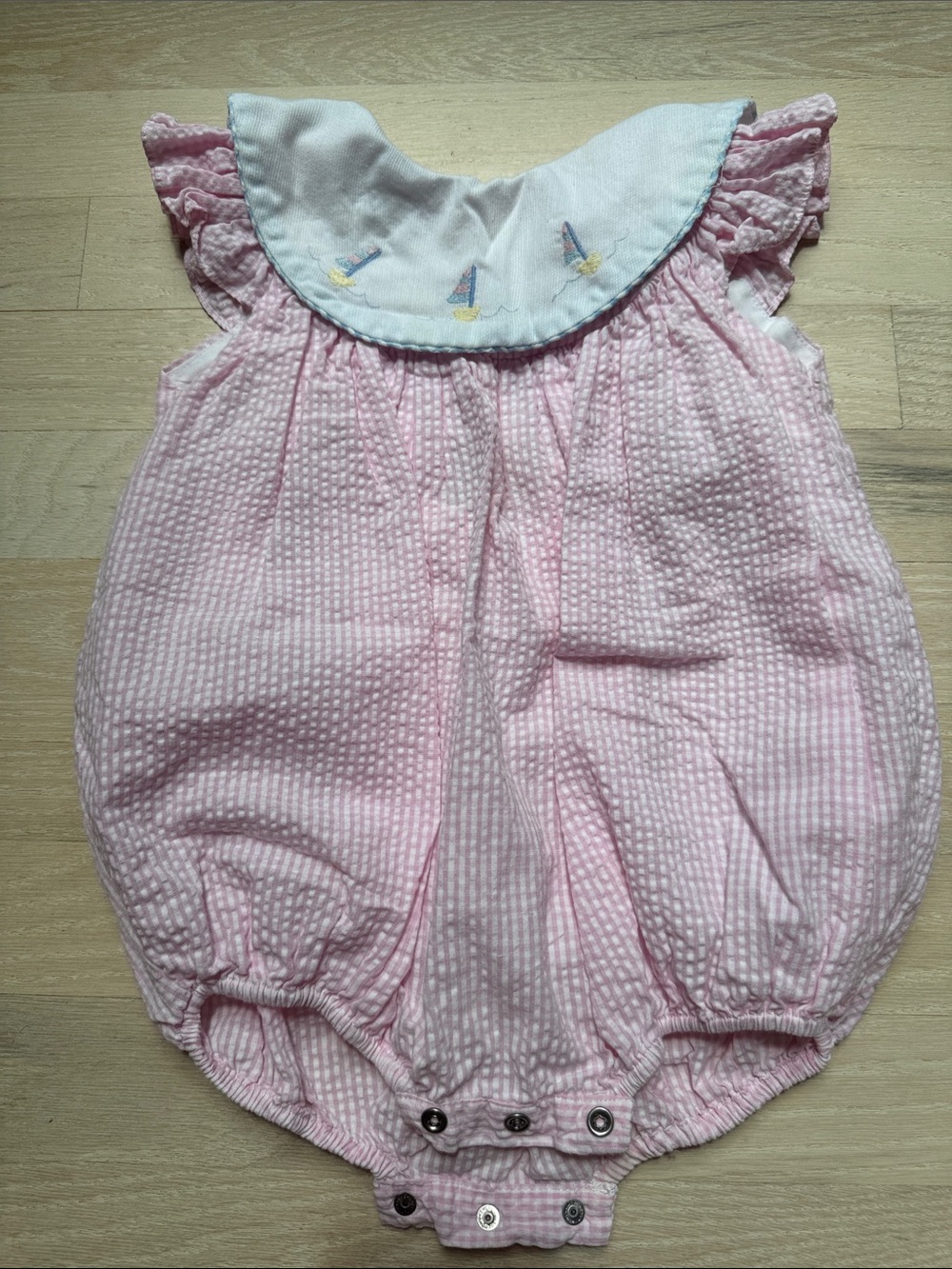 Luli & Me Pink Seersucker Baby Bubble w/Sailboat embroidered Collar, sz 9 months